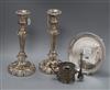 A pair of Old Sheffield plate candlesticks, a plated waiter and a pierced plated chamberstick, candlesticks height 29.5cm              