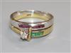 A modern two colour 18ct gold, diamond and gem set dress ring, size P/Q                                                                