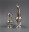 A George III silver baluster caster and a George II silver bun pepper, Samuel Wood, London, 1737, largest 15cm.                        