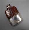 A George V silver and leather mounted glass hip flask, Chester, 1913, 15.1cm.                                                          