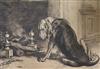 Briton Riviere, after Herbert Dicksee (1862-1942), drypoint etching, Bloodhound beside the hearth, 13 x 18.5in., unframed              