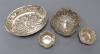 An Italian 8000 standard white metal oval bowl, 15.8cm, two small Birks sterling salts and a repousse silver bonbon dish                                                                                                    