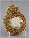 A Chinese pale celadon and russet jade gilt filigree mounted pendant, height 12cm                                                      