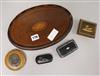 Four various snuff boxes, including Sorrento marquetry and lacquer, together with a small inlaid mahogany tray (5)                     