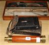 A Sheffield three drawer telescope, a Kodak camera and surgical instruments in a Chinese box                                           