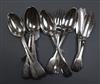 Five George III silver table spoons, two pairs of Victorian butter knives, two table spoons and two table forks                        