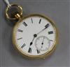 A late Victorian 18ct gold keyless lever pocket watch by Wright & Craighead.                                                           