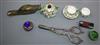 A Coalport Coalbrookdale miniature part tea set, a brass duck head paper clip and other vertu                                          