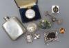 A small group of collectables including gold plated Elgin pocket watch, a 925 and enamel vesta case, three enamelled pill boxes, 'aeroplane' watch pendant, pewter hip flask, photo frame, pair of silver clips and a milita