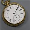 An early 20th century 18ct open face mid size keyless pocket watch.                                                                    