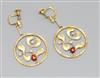 A pair of yellow metal, seed pearl and enamel set 'ladybird' circular drop ear clips, 25mm.                                            