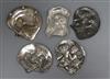 Five miniature Art Nouveau pewter / metalware wall plaques                                                                             