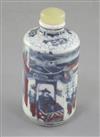 A Chinese underglaze blue and copper red cylindrical snuff bottle, 19th century, height 7.3cm excl. stopper                            