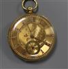 A Victorian 18ct open face mid size keywind pocket watch, with engraved Roman dial.                                                    