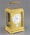 A late 19th century French ormolu quarter repeating carriage alarum clock, 5.75in., with leather travelling case                       