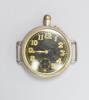 An early 20th century white metal Borgel? cased manual wind strapless wrist watch, with black dial.                                                                                                                         