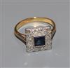 A 1930's/1940's '18ct and plat', sapphire and diamond set tablet ring, size N                                                          