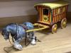 A large painted wood model Gypsy caravan and ceramic horse, overall length 85cm                                                                                                                                             