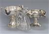 A stylish George V silver pedestal tyg, Edward Barnard & Sons Ltd, London, 1931, a silver pedestal dish and pair of whisky tot jugs.   