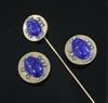 A late 19th/early 20th century French 18ct gold, lapis lazuli and rose cut diamond scarab cravat pin and pair of buttons               