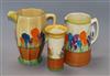 Two Clarice Cliff crocus pattern jugs and a Clarice Cliff brush pot tallest piece 21cm                                                 