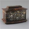 A Regency mother of pearl inlaid tortoiseshell tea caddy, width 8in. depth 5.5in. height 5.5in.                                        