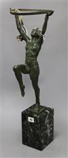 Max Le Verrier. An Art Deco spelter figural dancer lamp shade lacking                                                                  