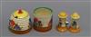 A Clarice Cliff crocus pattern salt, pepper, honey, jam pot                                                                            