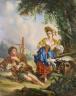 19th century Continental School, reverse painting on glass, Maiden and piper on a lane, 44 x 37cm                                                                                                                           