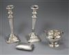 A pair of silver candlesticks, a silver two handled bowl and a late Victorian silver double hinged cigarette case.                     