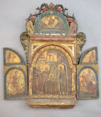 A 19th century Russian tempera on wood triptych icon, c.1800 25.5 x 16.5in. opens to 23.75in.                                          