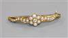 An early-mid 20th century yellow metal, split pearl and diamond demi-lune bar brooch, 46mm.                                            