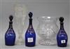 Three Bristol blue glass decanters and stoppers, Brandy, Rum and Hollands, and two vases tallest 25cm                                  