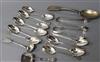 An early Victorian silver caddy spoon, assorted silver teaspoons and six plated teaspoons.                                             