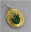 An early 20th century yellow metal, enamel and rose cut diamond set oval locket, 28mm.                                                 