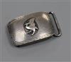 A Georg Jensen planished white metal belt buckle decorated with a bird, no. 52A, 45mm.                                                 