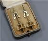 A near pair of ornate 19th century yellow metal drop earrings, 48mm & 52mm.                                                            