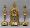 A late 19th century French three piece gilt spelter and champléve clock garniture, the eight day clock by Japy Freres height 41cm      