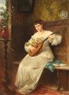 Richard Eiserman (German, 1853-1927) Young woman playing a mandolin 15.5 x 11in.                                                       