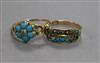 An early 20th century 15ct gold, turquoise and seed pearl ring and a yellow metal turquoise and diamond ring.                          