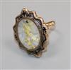 An early 20th century 9ct gold, quartz with iron pyrites and black enamel oval ring, size L.                                           