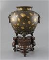 A fine and rare Chinese gold splashed bronze globular censer, 17th/18th century, with Qing dynasty triple ruyi head hardwood stand     