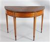 A Sheraton revival marquetry inlaid satinwood and rosewood demi lune console table, W.3ft 6in. D.1ft 9in. H.2ft 8in.                   