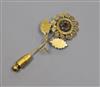 A French 18ct yellow metal enamel and paste? set flower head stick pin, overall 65mm.                                                  