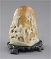 A Chinese shoushan stone boulder carving, probably Republic period, height 11cm, wood stand                                            