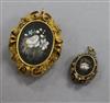 A Victorian yellow metal and pietra dura oval pendant brooch and a pietra dura pendant, largest 47mm,.                                 