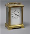 A late 19th century French brass cased eight day carriage timepiece height 35cm                                                        