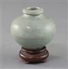 A Chinese Longquan celadon ovoid jar, Song - Yuan dynasty, 7.5cm, wood stand                                                           