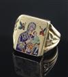 A yellow metal signet ring decorated with a miniature Greek icon 'Madonna Queen of Angels' in coloured enamels, size M.                