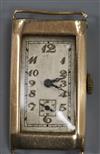 An early 20th century 9ct gold rectangular cased manual wind wrist watch, (no strap).                                                  